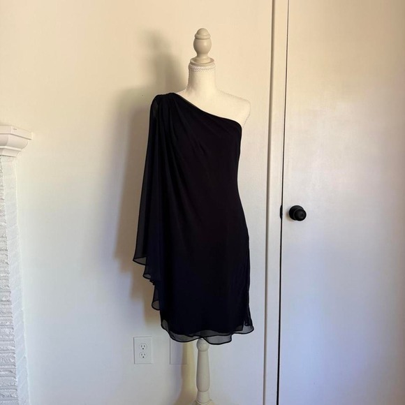 Ralph Lauren Dresses & Skirts - Ralph Lauren silk navy one shoulder mini dress with sheer cape